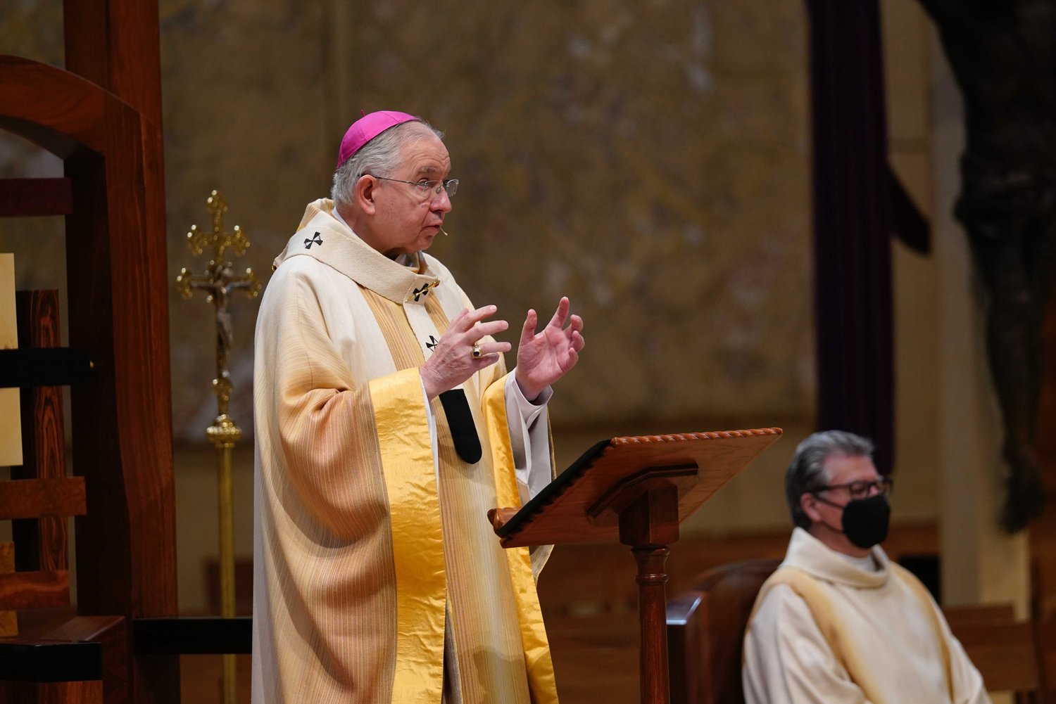 Archbishop José H. Gomez of Los Angeles, president of the U.S. Conference of Catholic Bishops, celebrates the National Mass on the Solemnity of St. Joseph at the the Cathedral of Our Lady of the Angels in Los Angeles March 19, 2021.