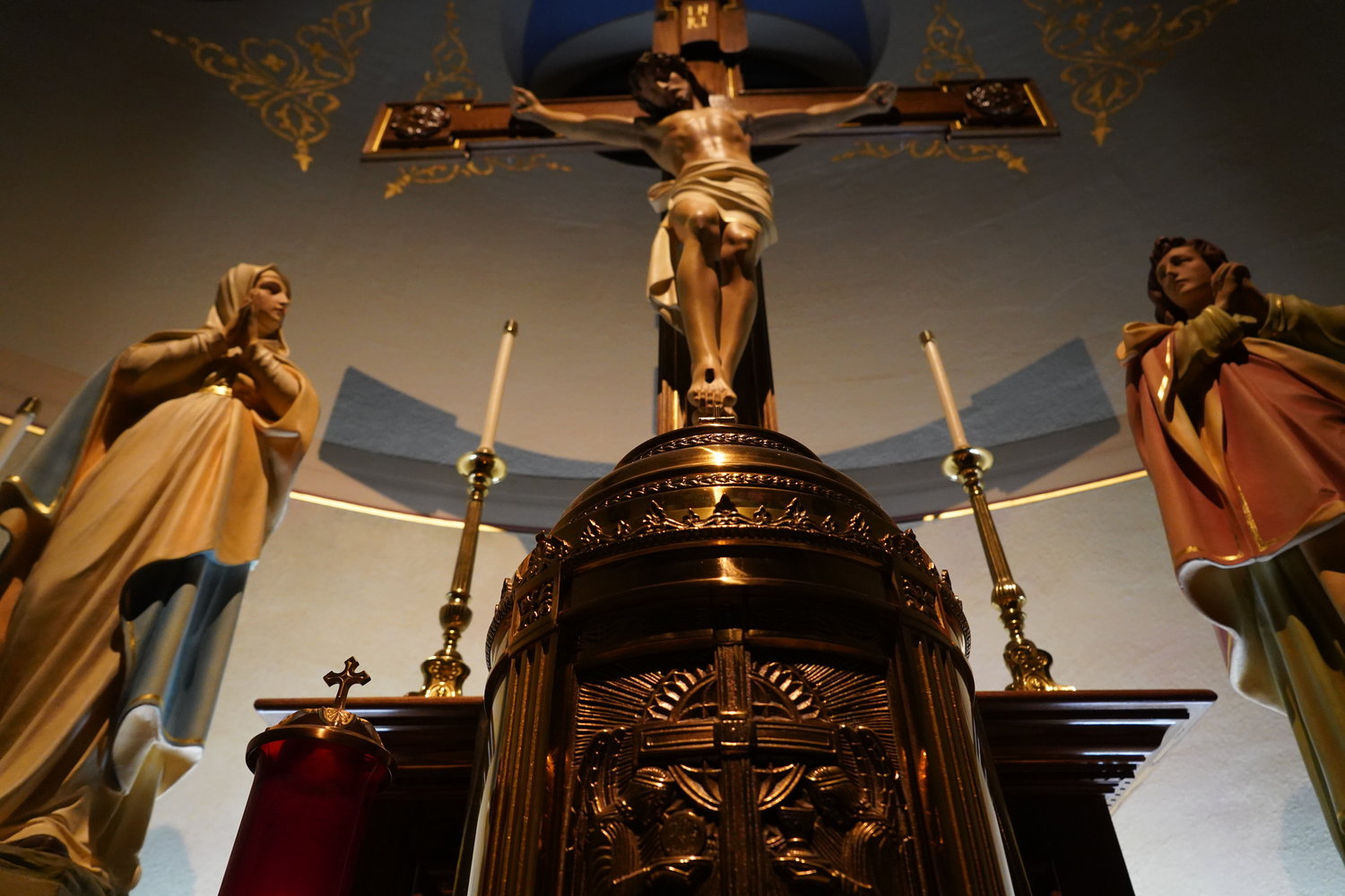 Tabernacle and crucifix, Immaculate Conception Church, Jefferson City, at night
