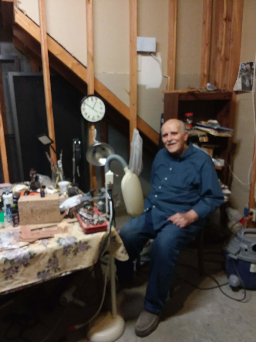 Deacon Fred Weisel displays his work space in his home in Columbia.