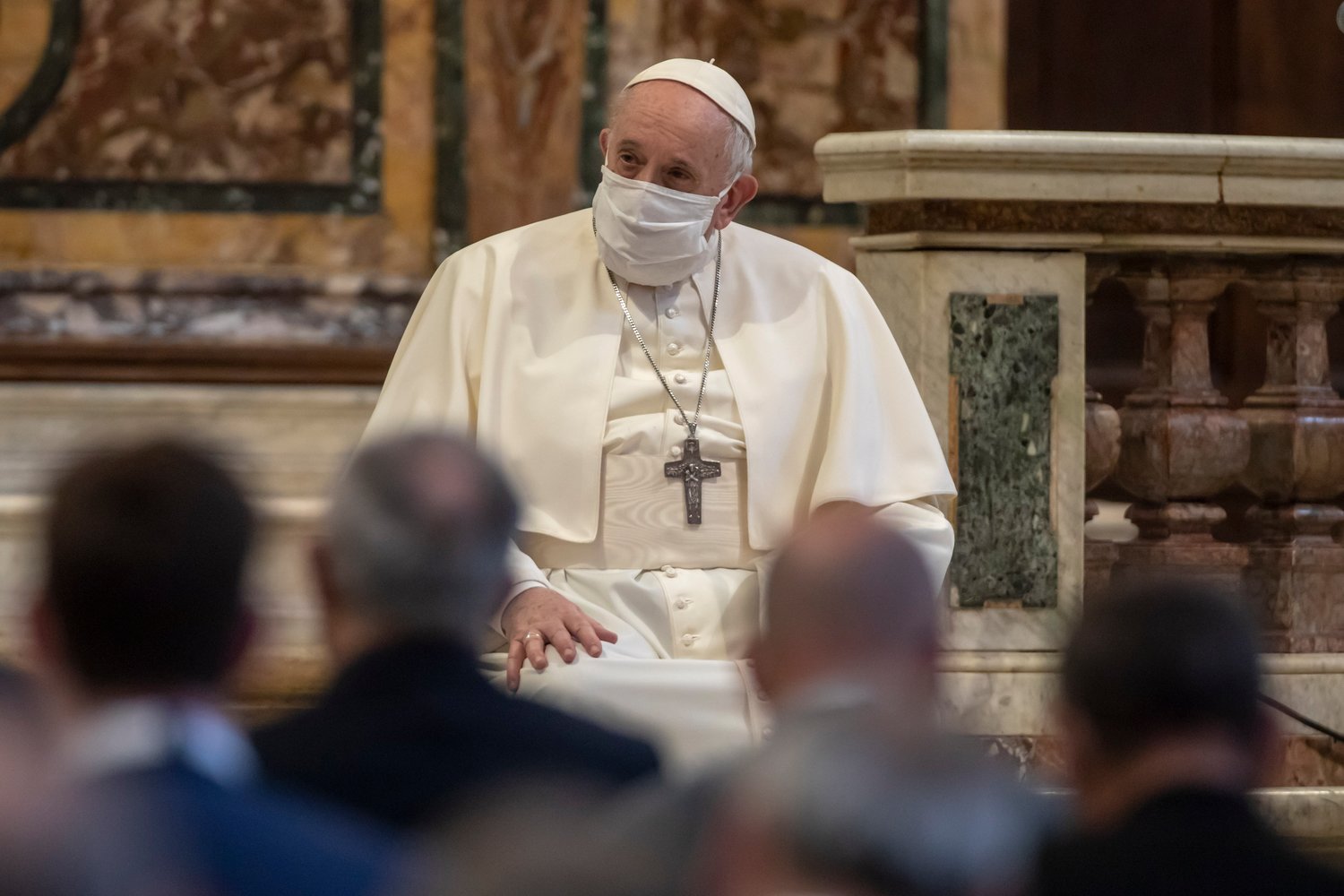 Pope Francis prays for peace with other religious leaders at the Basilica of Santa Maria in Ara Coeli in Rome Oct. 20, 2020.  In a new documentary, Pope Francis expressed openness to the idea of laws recognizing civil unions, including for gay couples, to protect their rights.