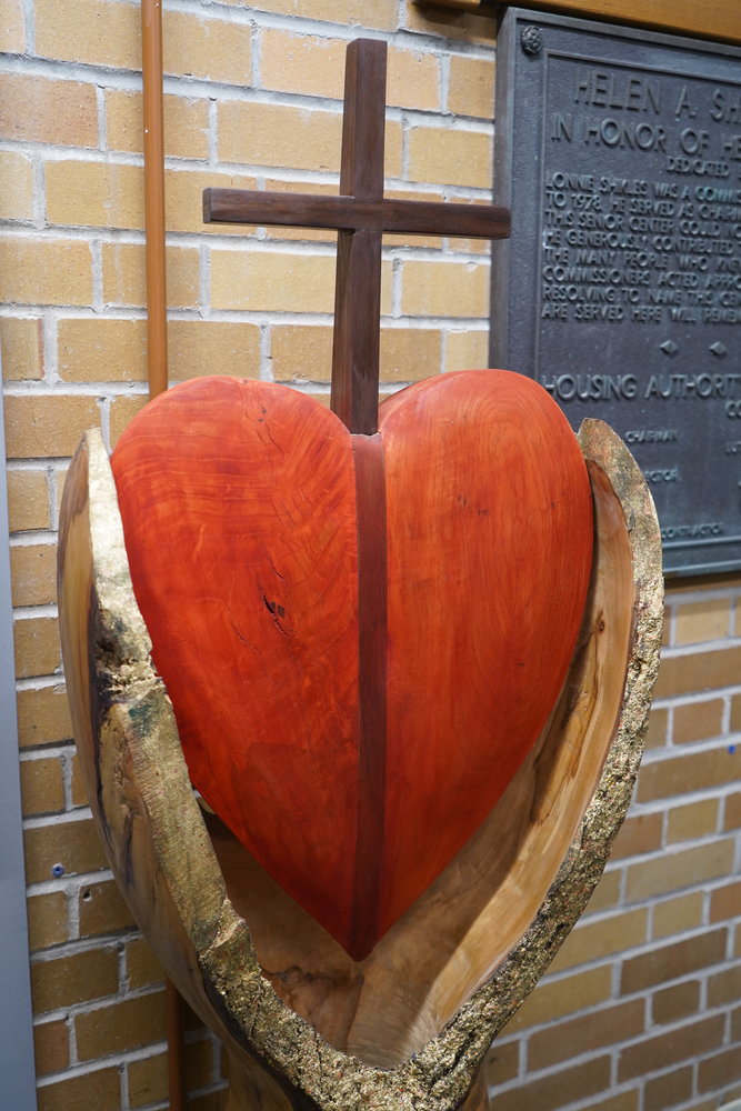 Father David Means’s his wood-turning sculpture, titled “Open Hands, Open Hearts,” which he created for the Catholic Charities Center in Jefferson City.